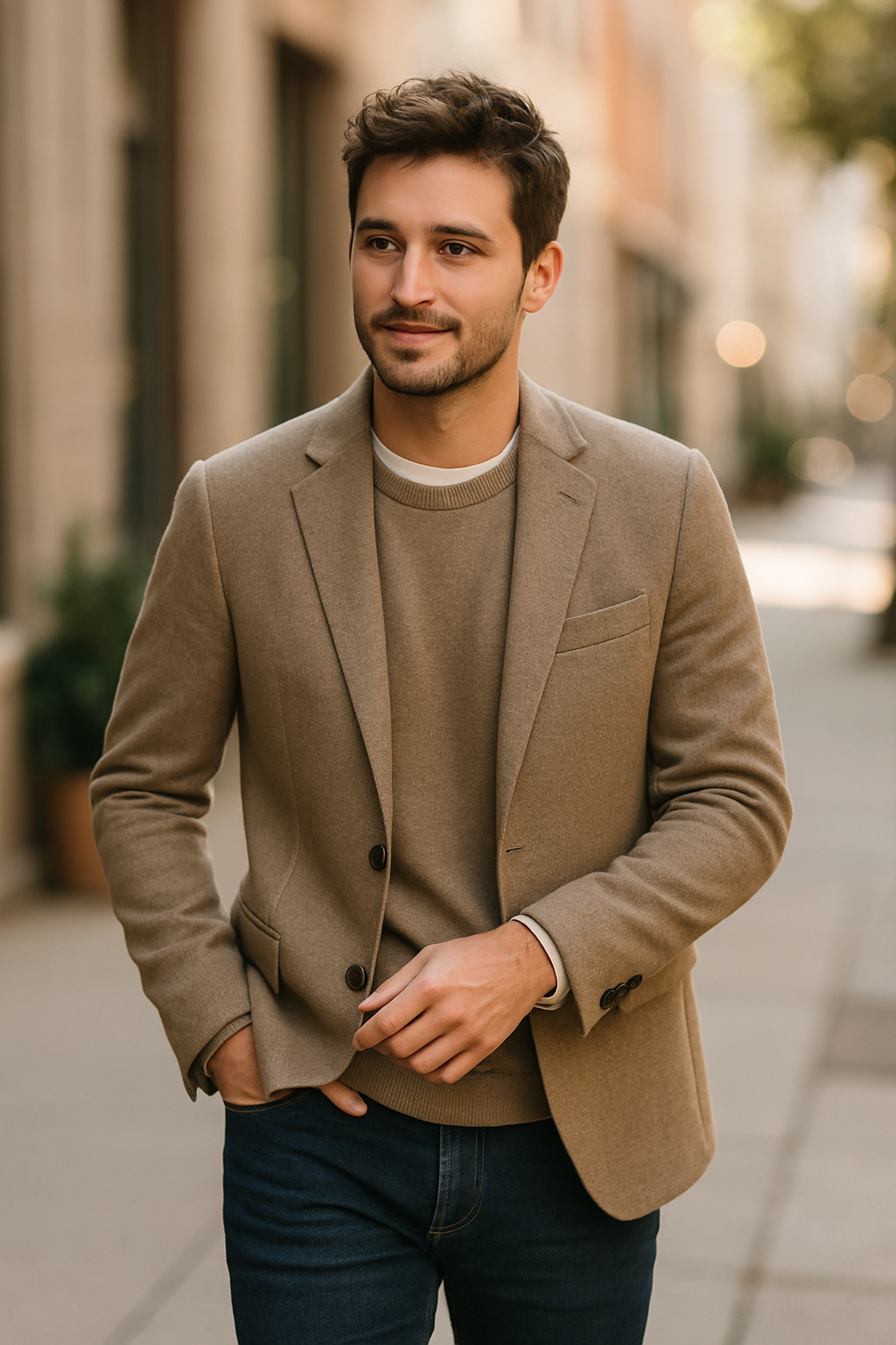 A man in a beige blazer walking casually in the street.