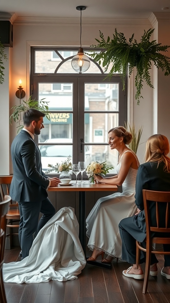 A couple discussing wedding details with a vendor in a cozy café