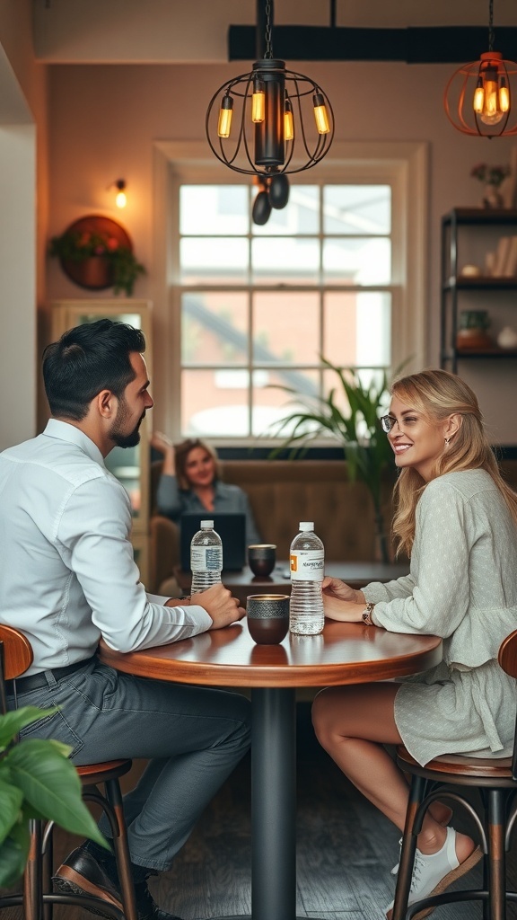 A couple discussing wedding plans at a café with a relaxed atmosphere.