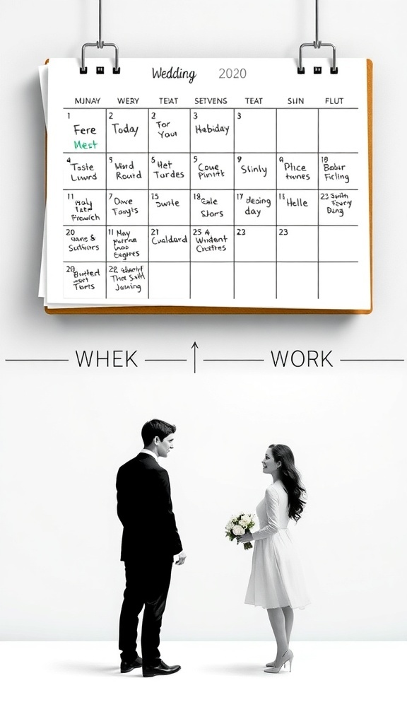 A calendar with wedding dates highlighted, showing a couple standing in front of it.