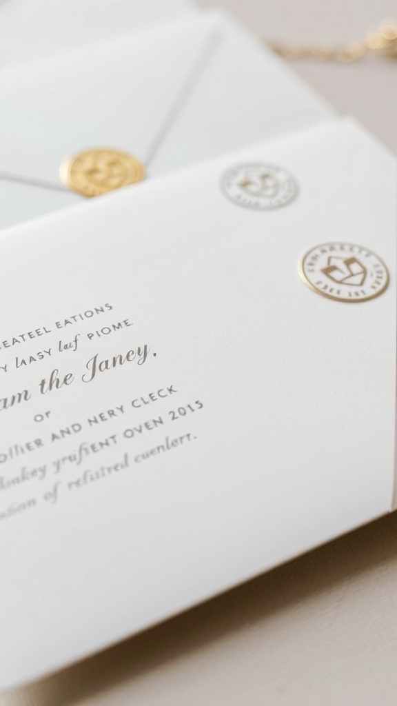 Elegant wedding invitation with gold seals and stylish typography