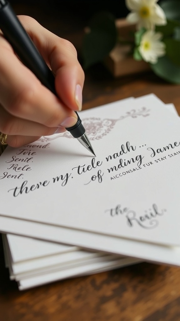 A hand writing wedding invitations with elegant calligraphy.