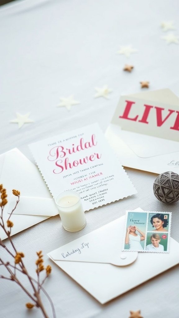 Beautiful bridal shower invitations and a candle on a table