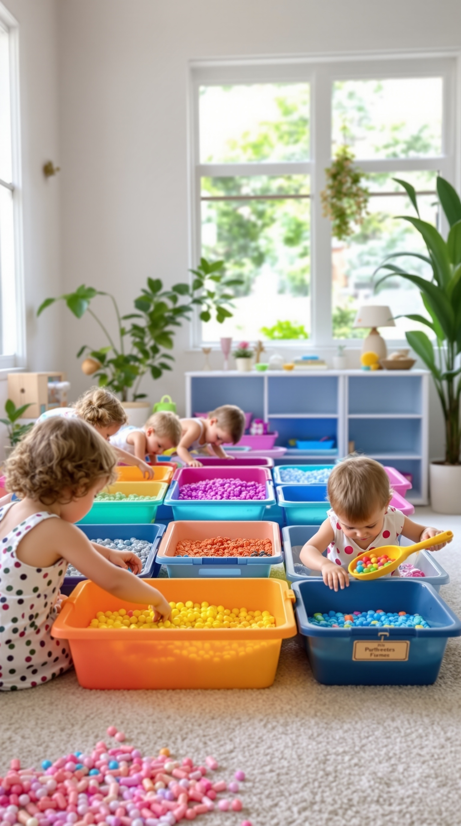 Children engaged in sensory play with colorful bins filled with beads and balls in a bright room.