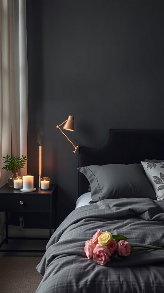 A dark feminine bedroom featuring a cozy bed with gray linens, pastel roses, candles, and a small plant.