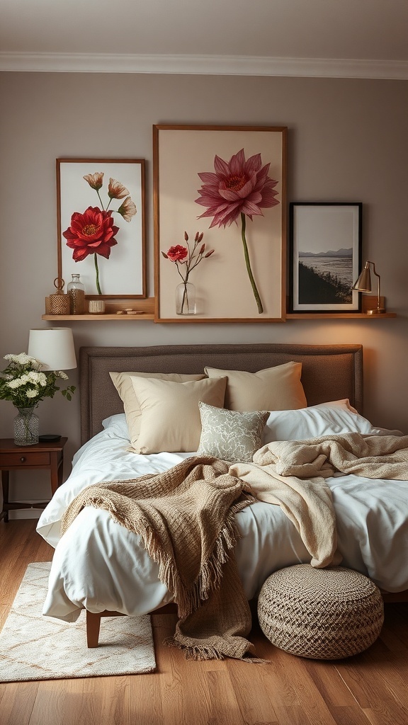 A cozy bedroom featuring floral artwork above the bed, creating a romantic atmosphere.
