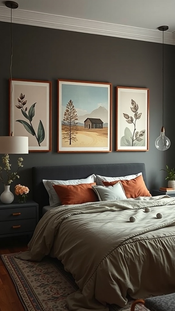 A dark romantic bedroom featuring sensual artwork with framed nature prints on the wall.