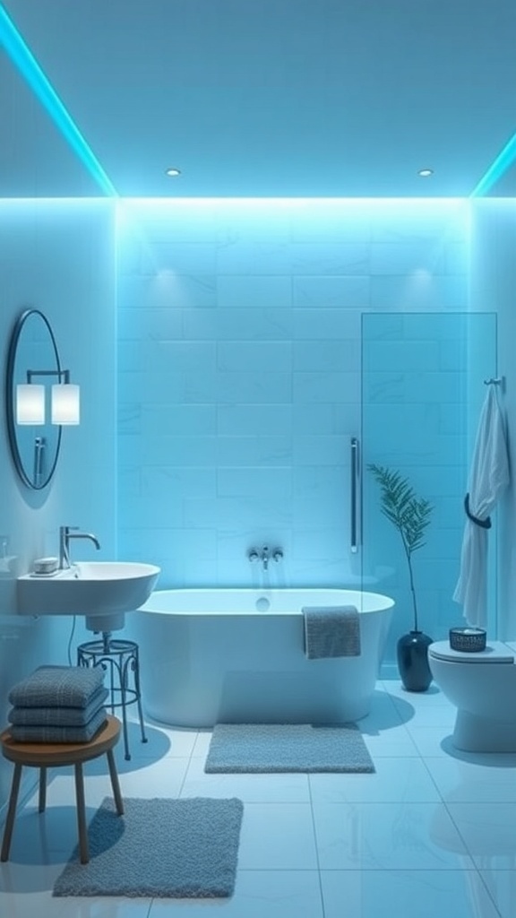 A modern bathroom featuring serene blue lighting, a sleek bathtub, and stylish fixtures.