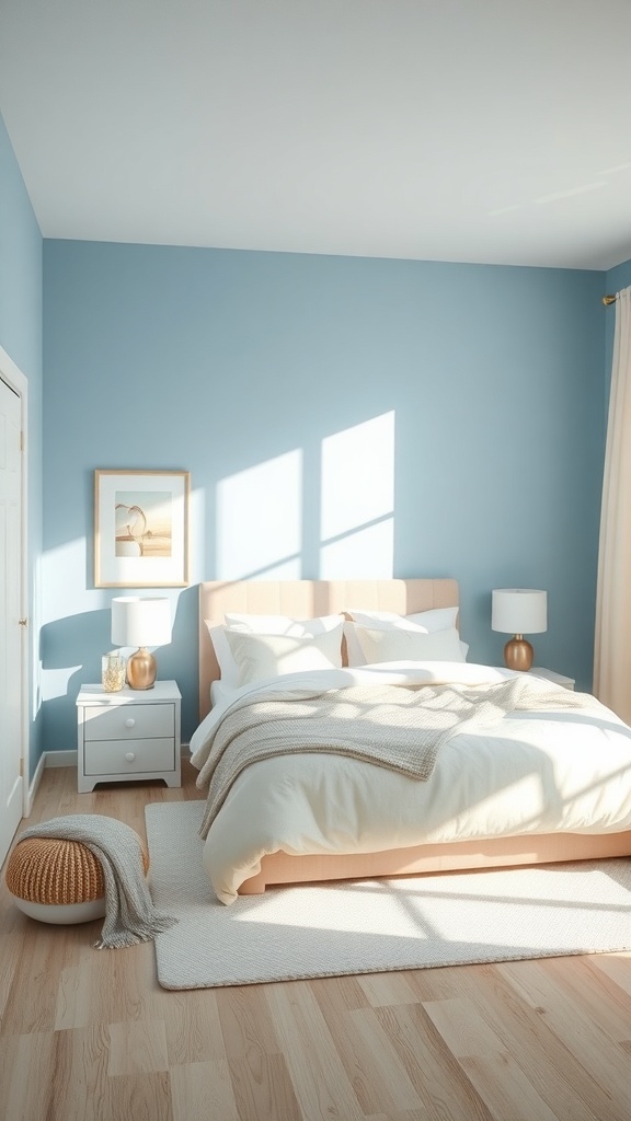 A serene bedroom with blue walls and cream accents, featuring a cozy bed, wooden floor, and soft lighting.