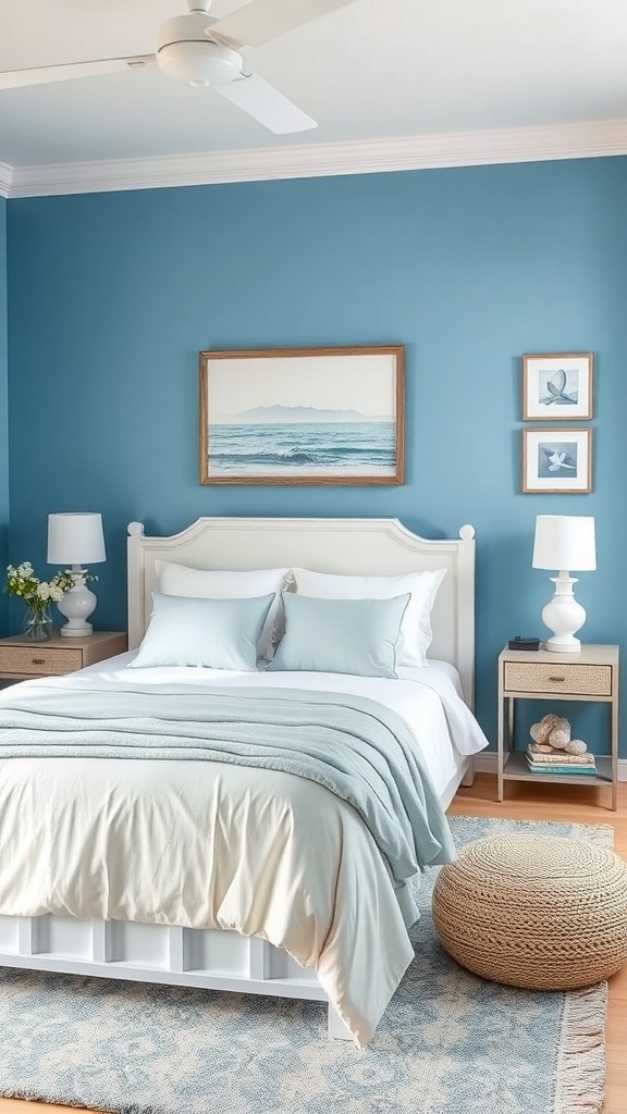 A serene blue and white bedroom with coastal decor, featuring a bed with light bedding, blue walls, and ocean-themed artwork.