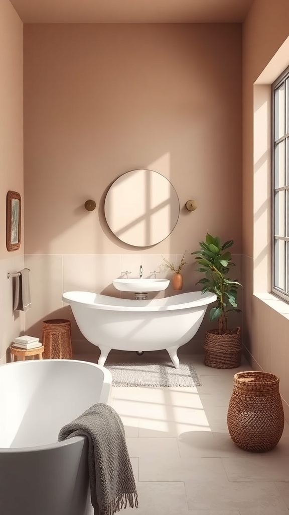 A serene Japandi bathroom featuring soft beige walls, white fixtures, and natural elements.