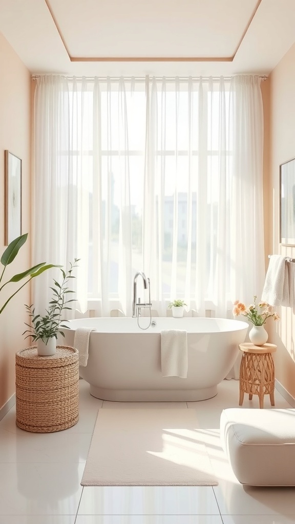 A serene bathroom with peach walls, a freestanding tub, and natural light.
