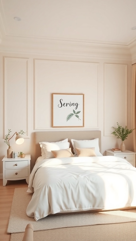 A serene bedroom with cream walls and beige accents, featuring a cozy bed and natural decor.