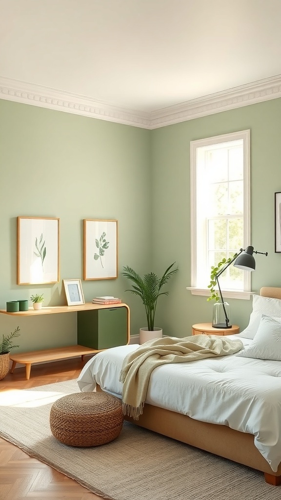 A serene bedroom with light green walls, wooden furniture, and plants.