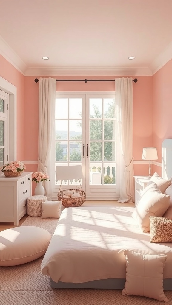 A serene pastel pink bedroom with large windows, white curtains, and cozy decor.