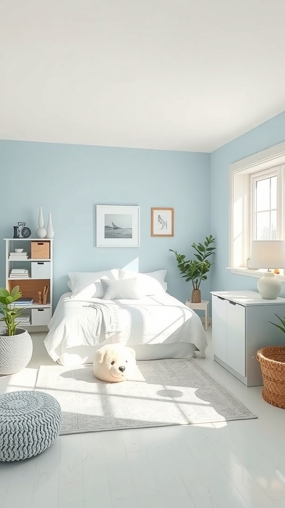 A serene light blue dorm room featuring a bed, plants, and soft decor.
