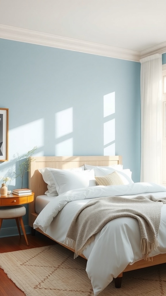 Cozy bedroom with sky blue walls, wooden furniture, and soft bedding
