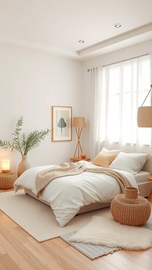 A serene bedroom interior featuring a cozy bed, natural light, and calming decor.