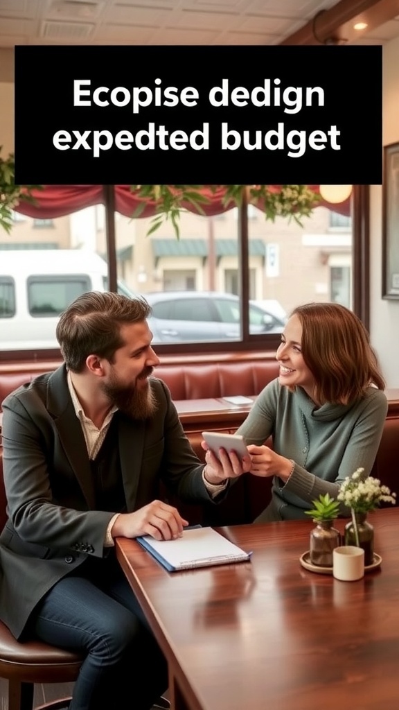 A couple discussing their elopement budget at a café, looking at a tablet together.