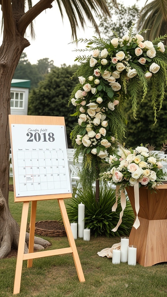 A beautifully decorated calendar and floral arrangement, symbolizing bridal shower planning.