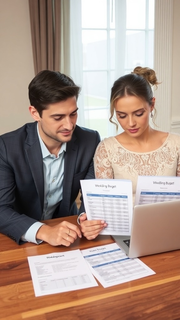 Couple reviewing wedding budget documents together at a table