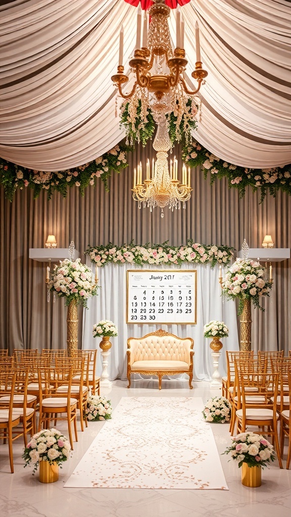 Elegant wedding venue with floral decorations and a calendar.