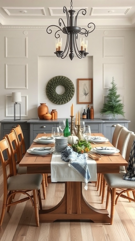 A rustic dining table set for a special occasion with plates, glasses, and seasonal decor.