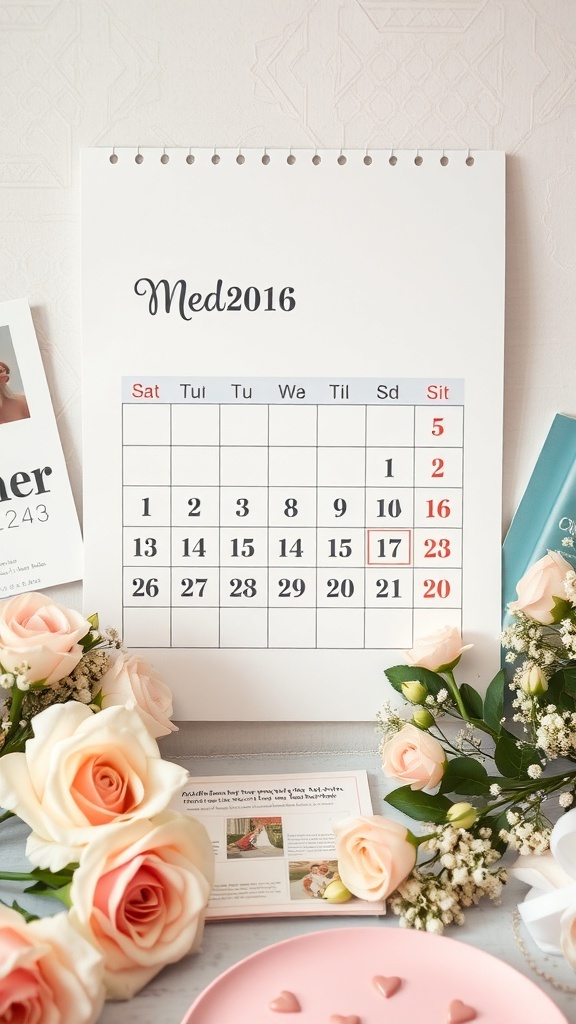 An arranged calendar for March 2016 with roses beside it.