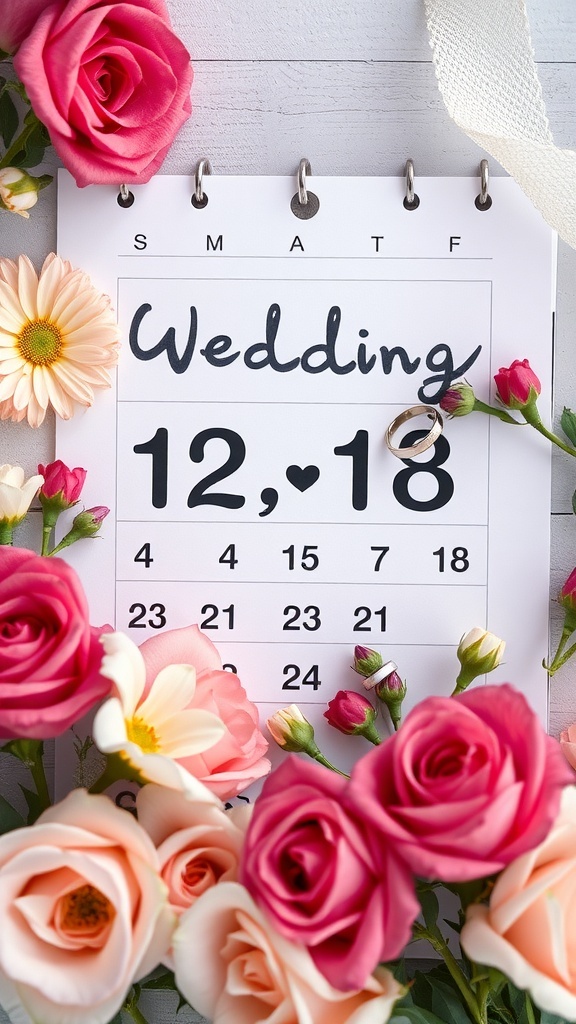 A wedding calendar marked with the date 12/18, surrounded by roses and a ring.