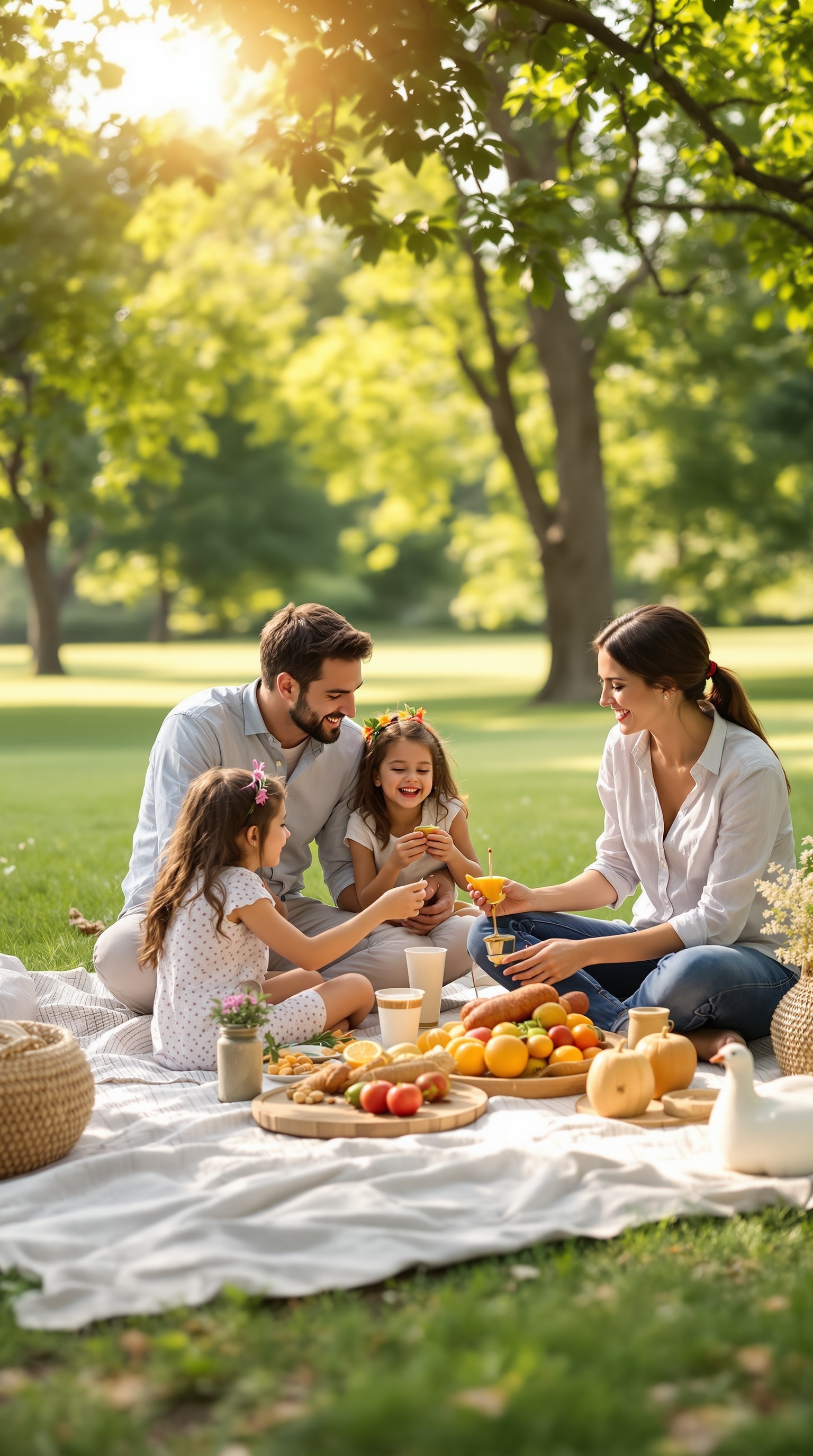 A family enjoying a picnic in a park, sharing food and laughter.