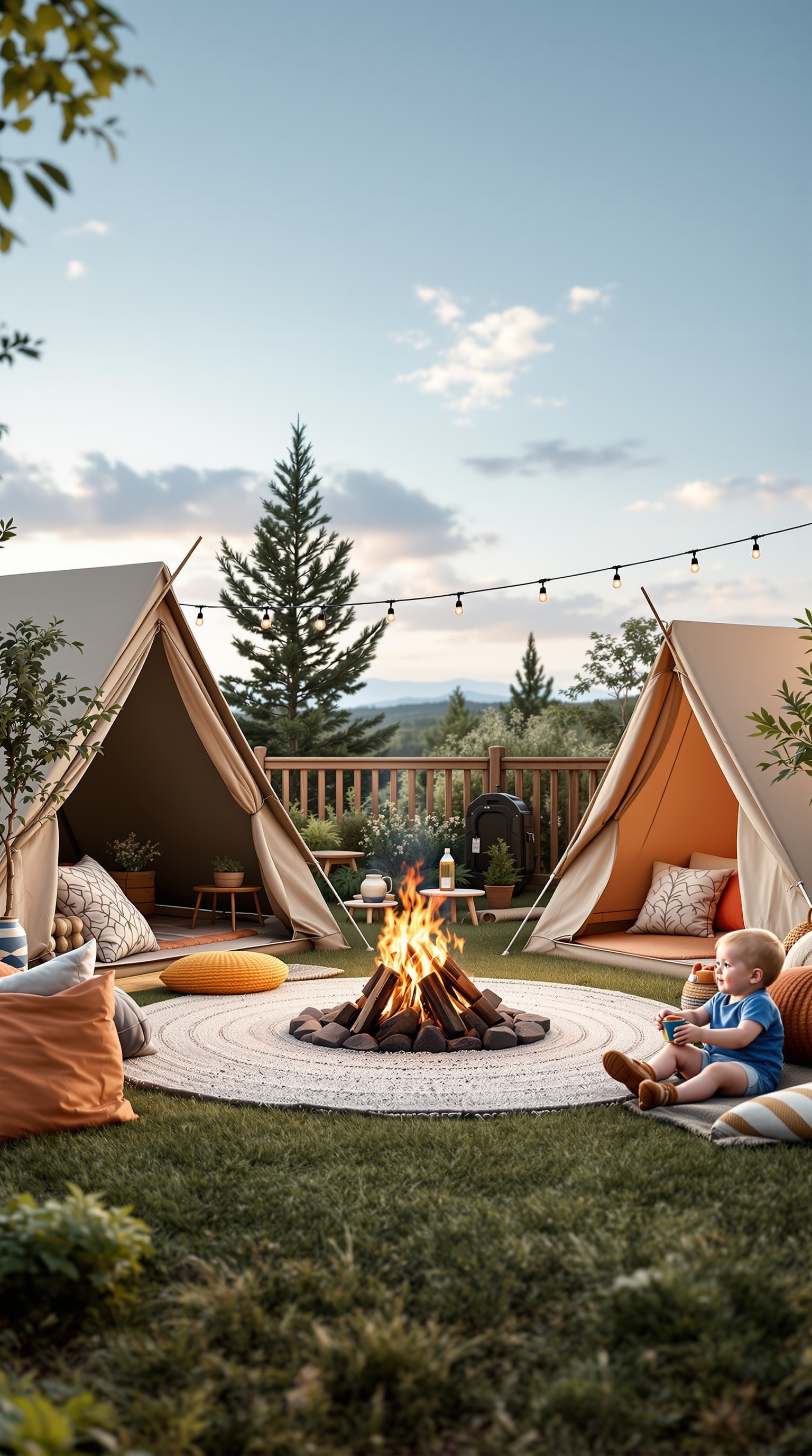 A cozy backyard camping setup with tents, a fire pit, and cushions, perfect for family bonding.