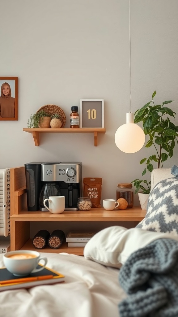 A cozy coffee station in a dorm room with a coffee maker, cups, and decorative items.