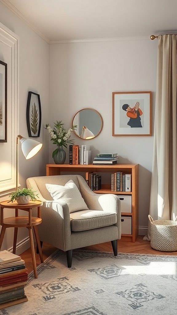 Cozy reading corner with an armchair, side table, and books