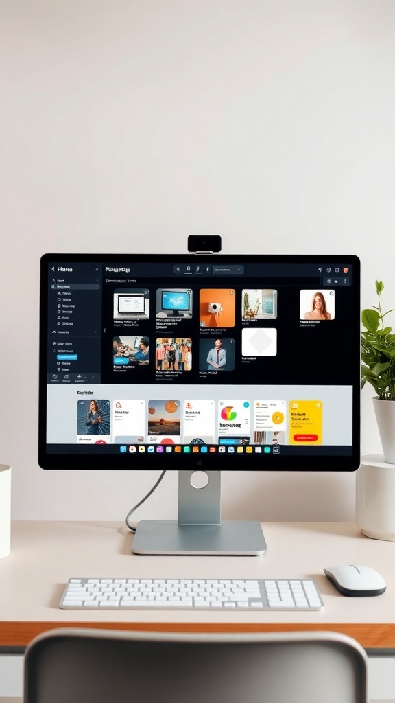 A modern home office setup with a sleek monitor displaying a digital organization system, a keyboard, mouse, and a small plant.