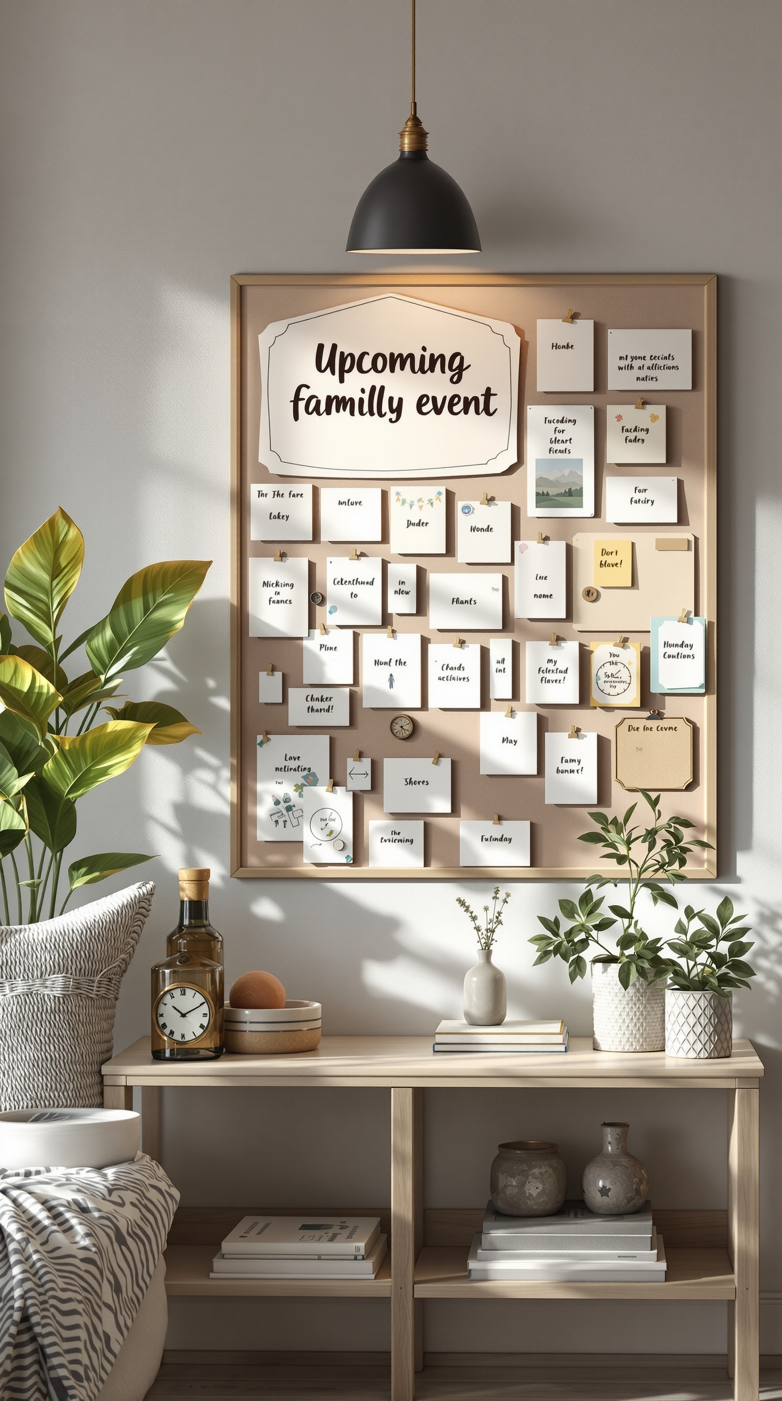 A family activity board displaying upcoming events and reminders, surrounded by plants and decorative items.