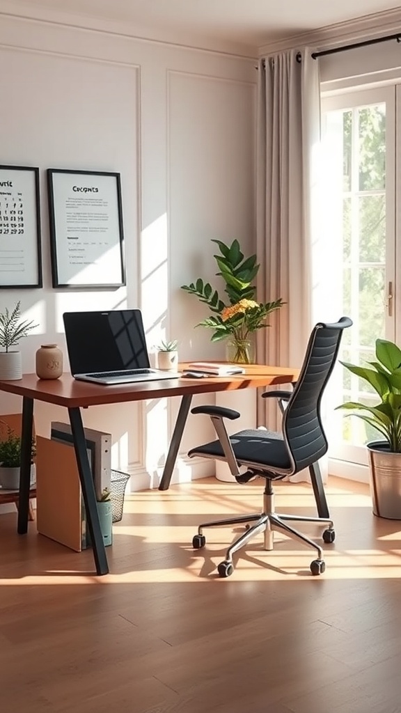 A bright and organized home office with a desk, laptop, ergonomic chair, and plants.