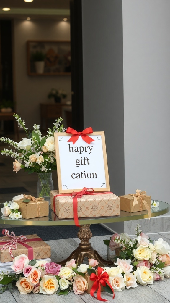 A beautifully arranged gift table with floral decorations and a sign saying 'happy gift cation'