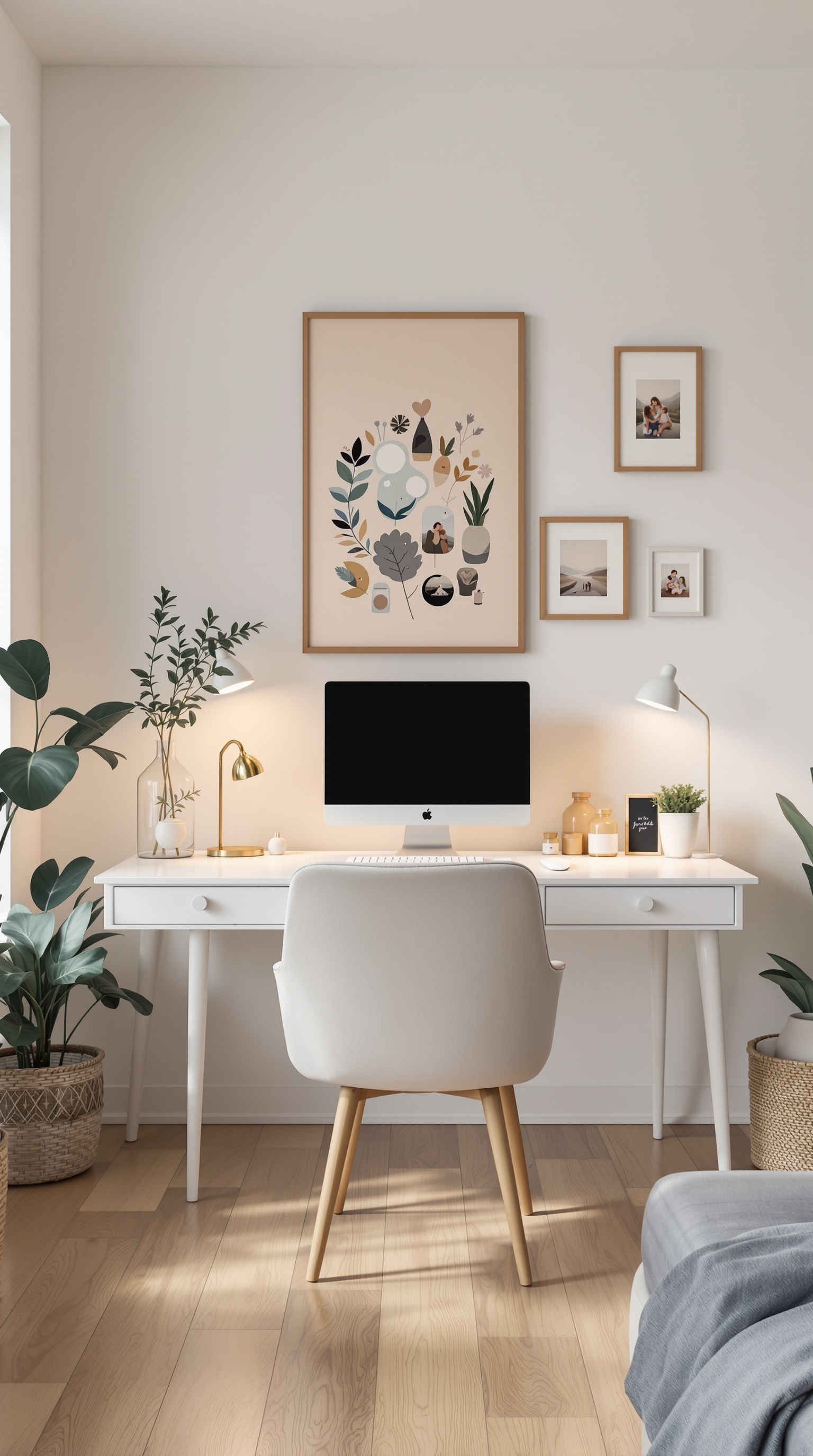 A stylish home office setup featuring a desk, computer, and decorative plants.
