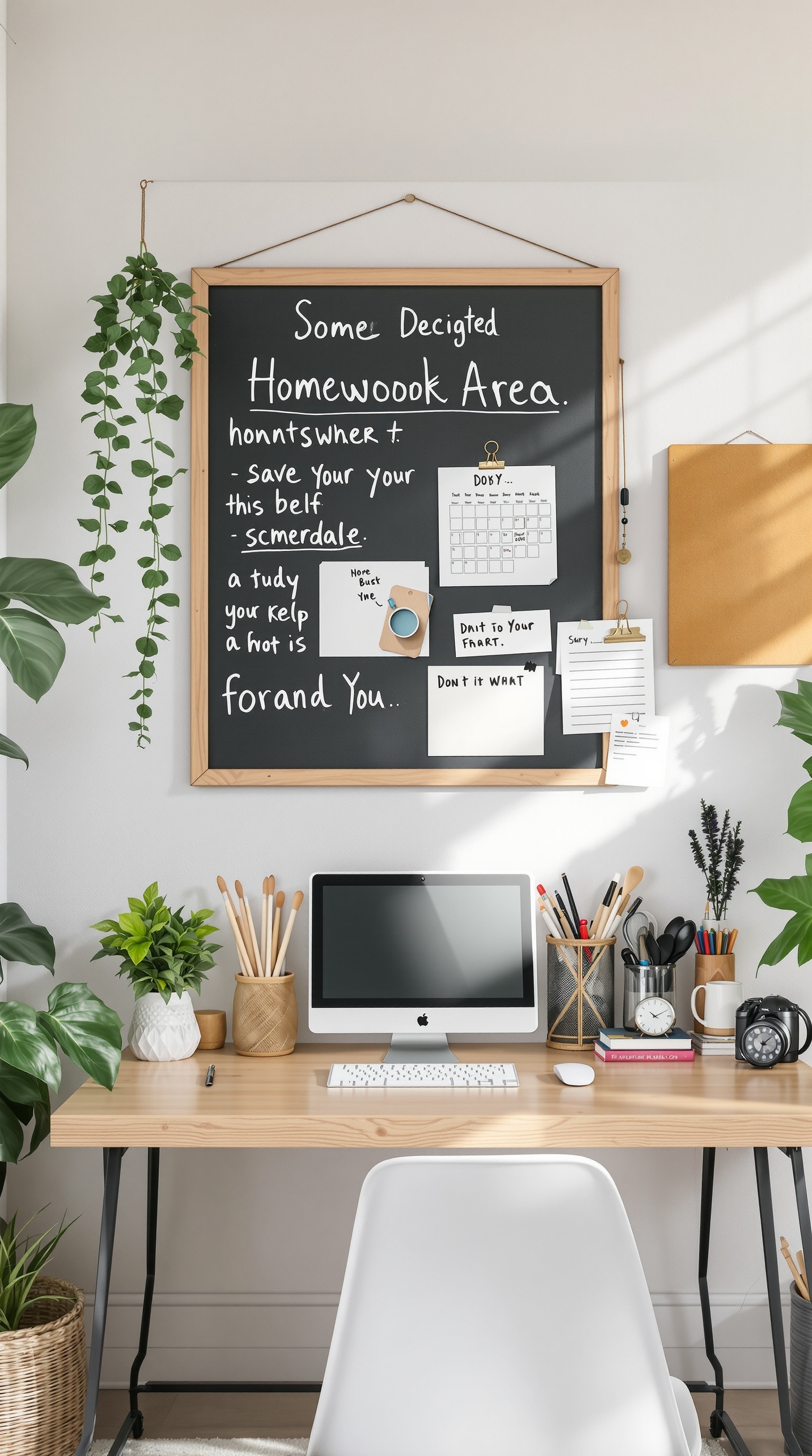 A cozy homework station featuring a chalkboard with reminders, a computer, and organized supplies.