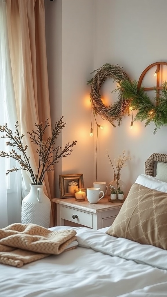 A cozy winter bedroom with a hot beverage station featuring mugs, candles, and seasonal decor.