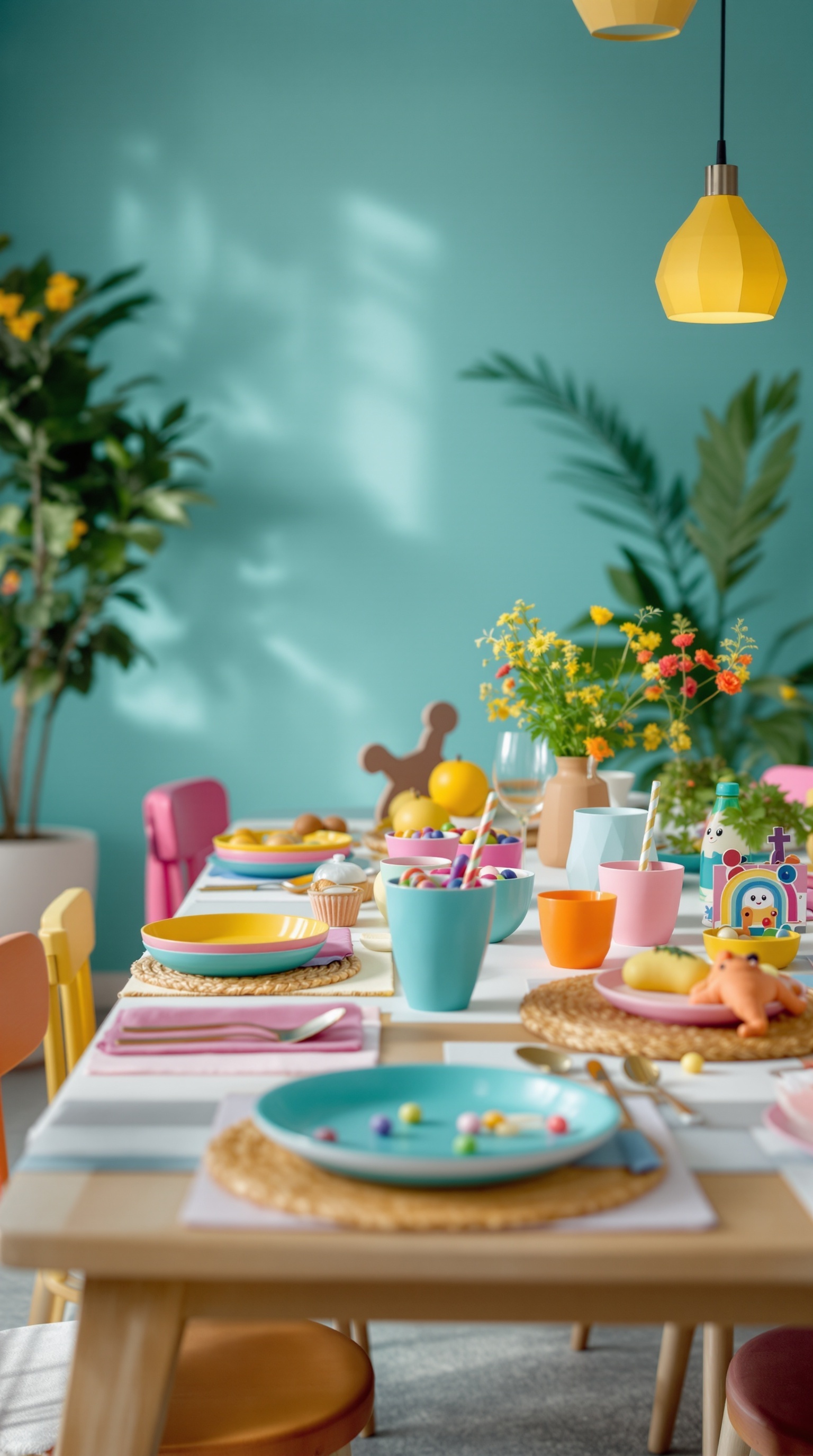 A colorful kid-friendly dinner table setup with bright plates, cups, and playful decor.