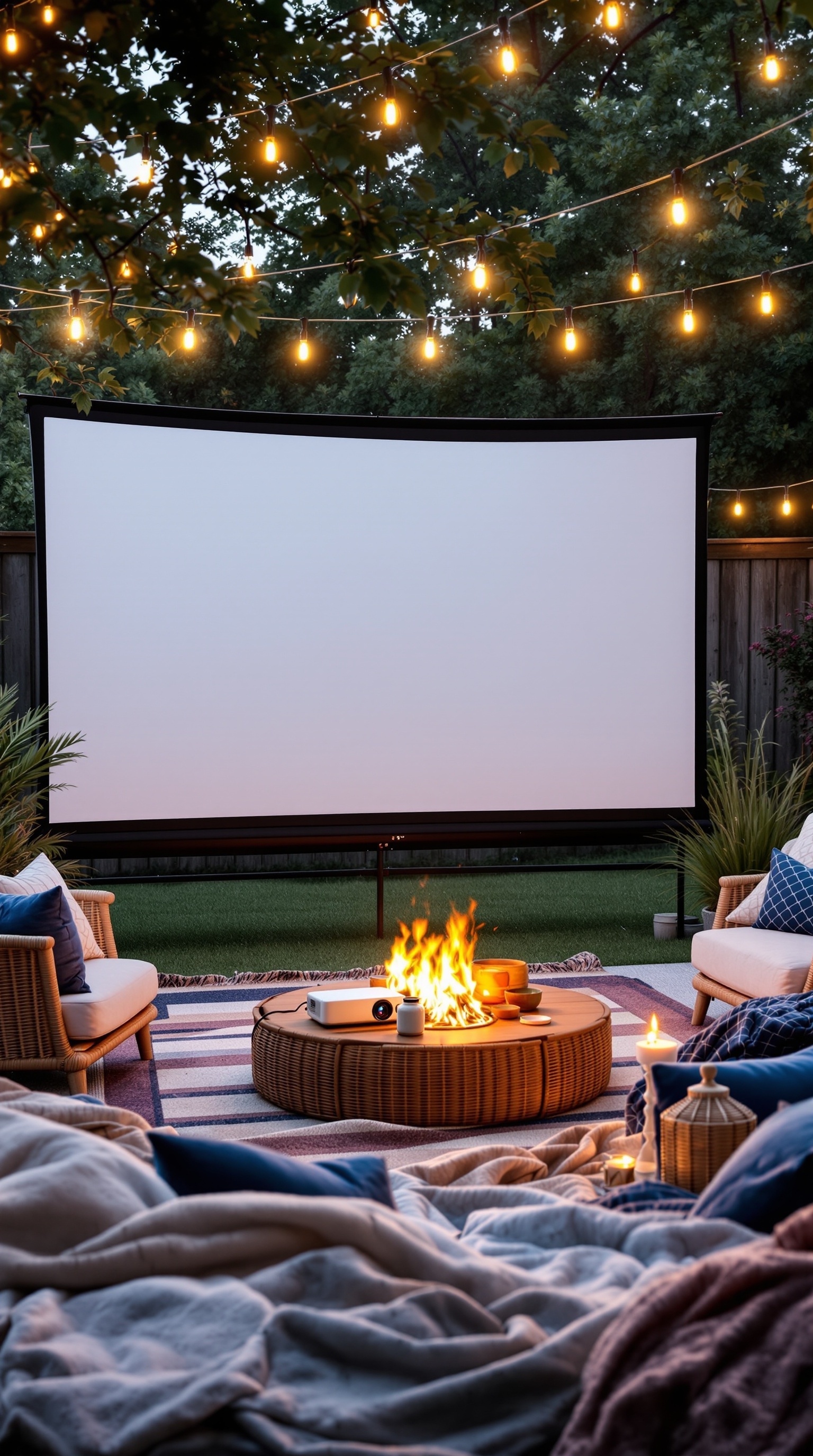 Cozy backyard movie night setup with a screen, fire pit, and comfortable seating.