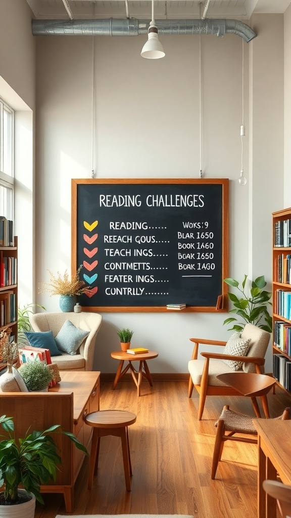A cozy reading corner with a chalkboard displaying reading challenges, comfortable seating, and bookshelves.