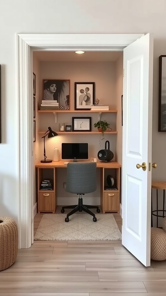 A cozy tiny home office set up in a closet with a desk, chair, and decorative shelves.