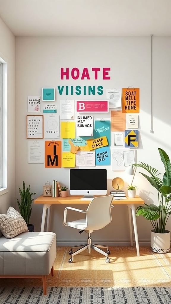 A cozy home office with a colorful vision board on the wall, featuring notes and quotes.