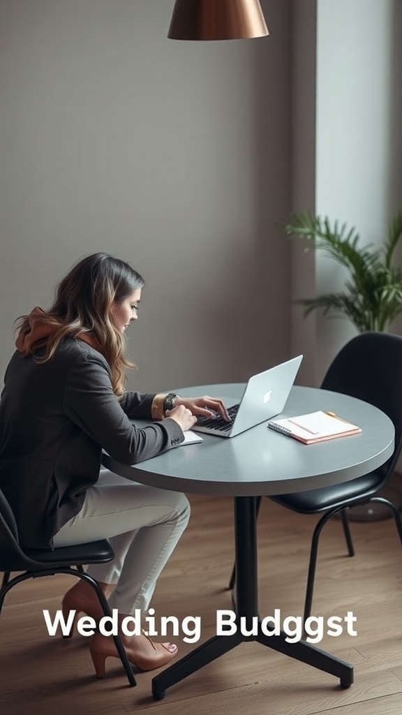 A woman working on a wedding budget with a laptop and notebook at a table.
