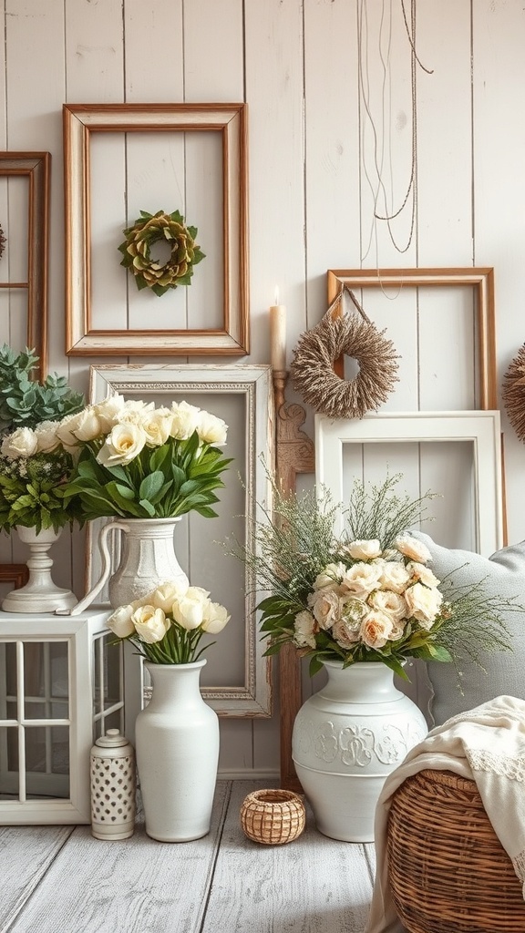 A vintage farmhouse bedroom with shabby chic decor, featuring floral arrangements, decorative vases, and wooden frames.
