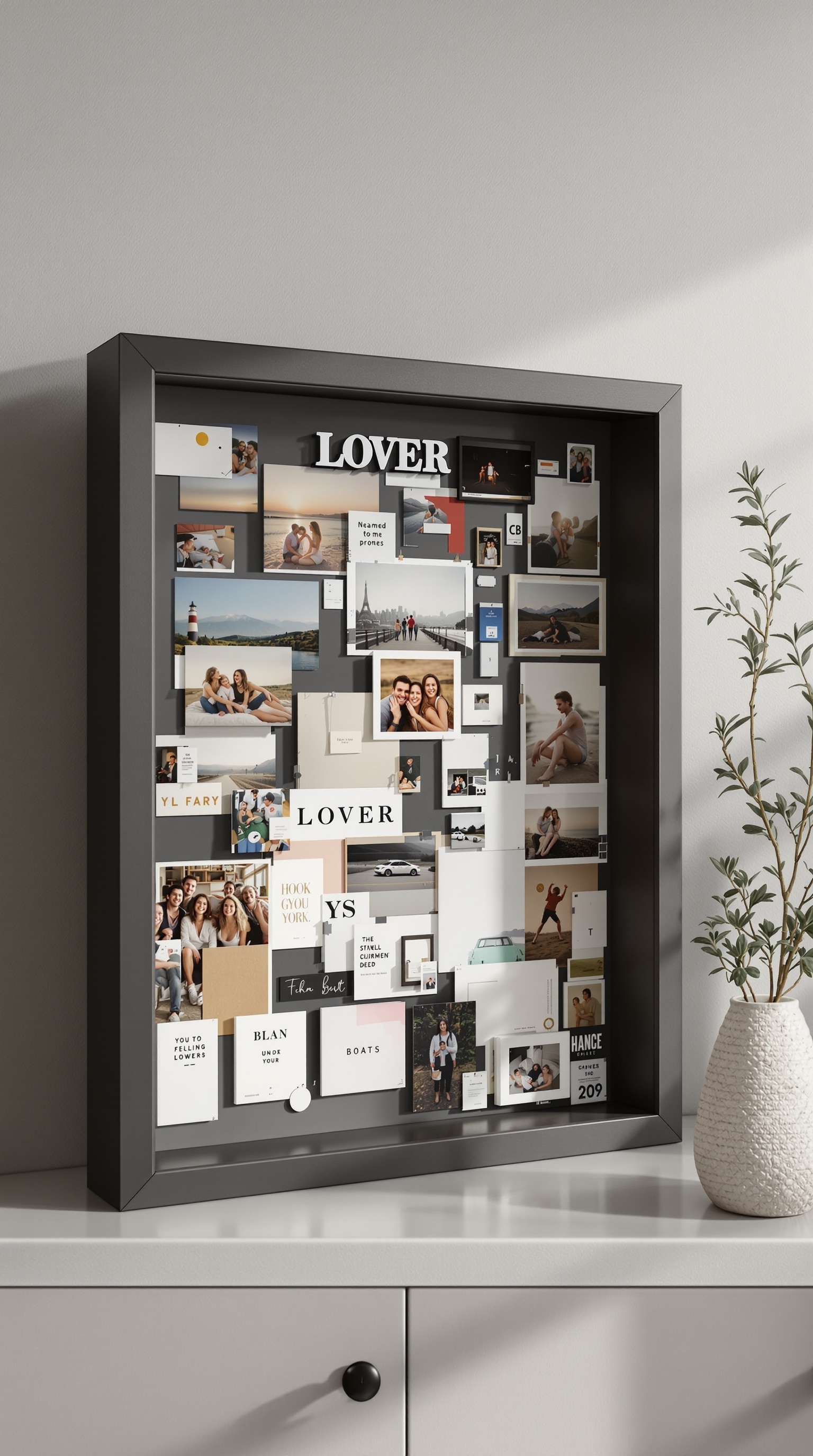 A shadow box frame filled with photographs and notes, showcasing memories and love.