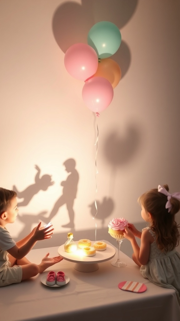 Two children playing with shadows, surrounded by balloons and cupcakes.