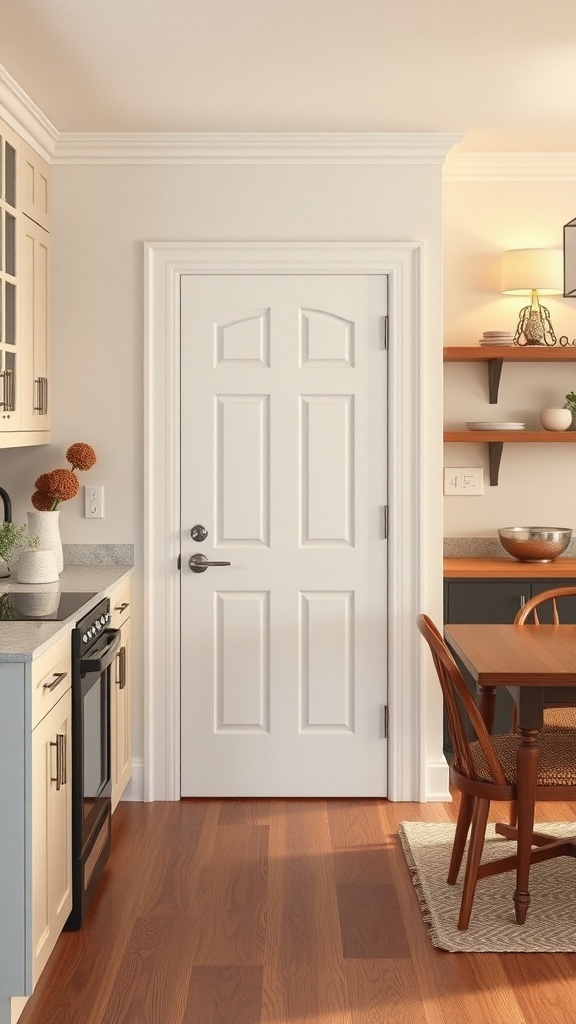 A kitchen with a white Shaker style door and casing, featuring a clean and modern design.